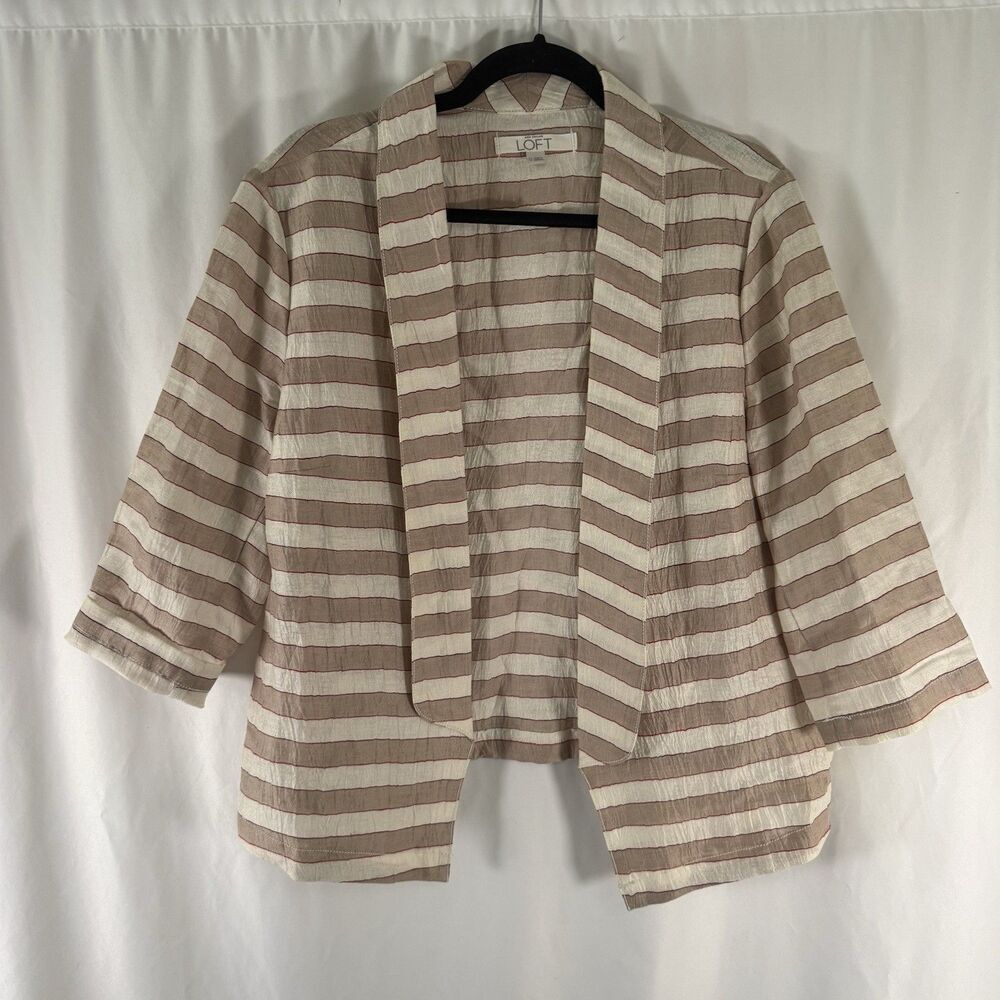 LOFT Linen Blend Cardigan Women's 12 Brown Striped Open Front 3/4 Sleeve